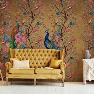 Vintage Chinoiserie Wallpaper Peel and Stick, Peacock Wall Mural, Birds and Floral Wall Mural, Self Adhesive Wallpaper, Removable Wallpaper