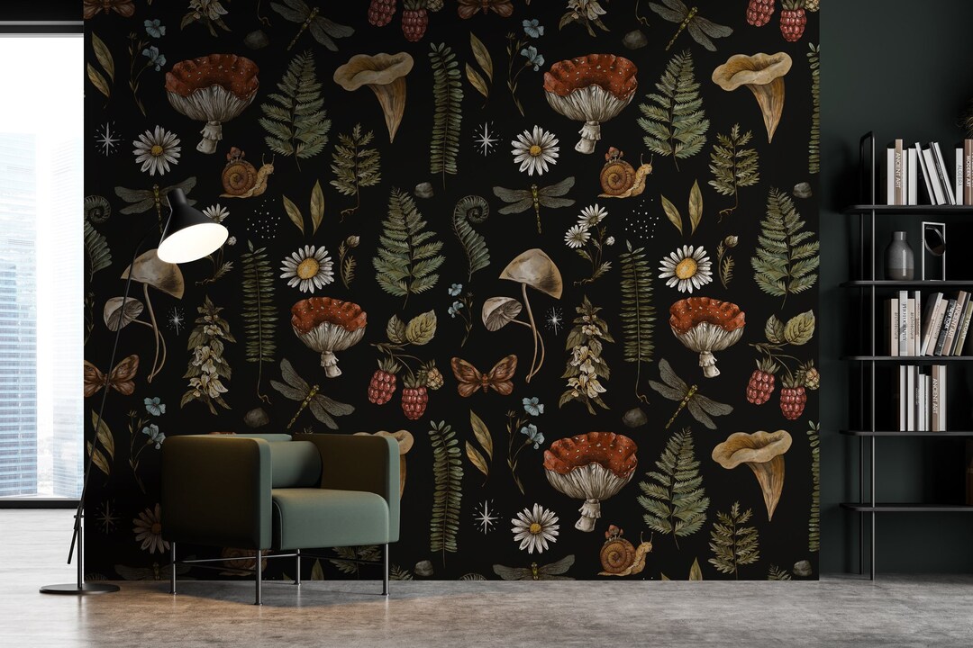 Mushroom Wallpaper Peel and Stick, Dark Botanical Wall Mural, Removable
