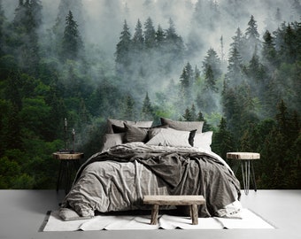 Forest Wallpaper- Peel and Stick- Self Adhesive- Foggy Forest Wall Mural- Removable