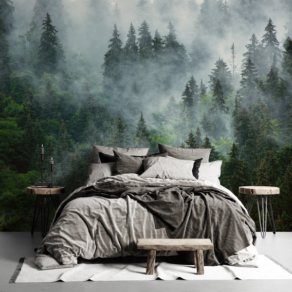 Forest Wallpaper- Peel and Stick- Self Adhesive- Foggy Forest Wall Mural- Removable