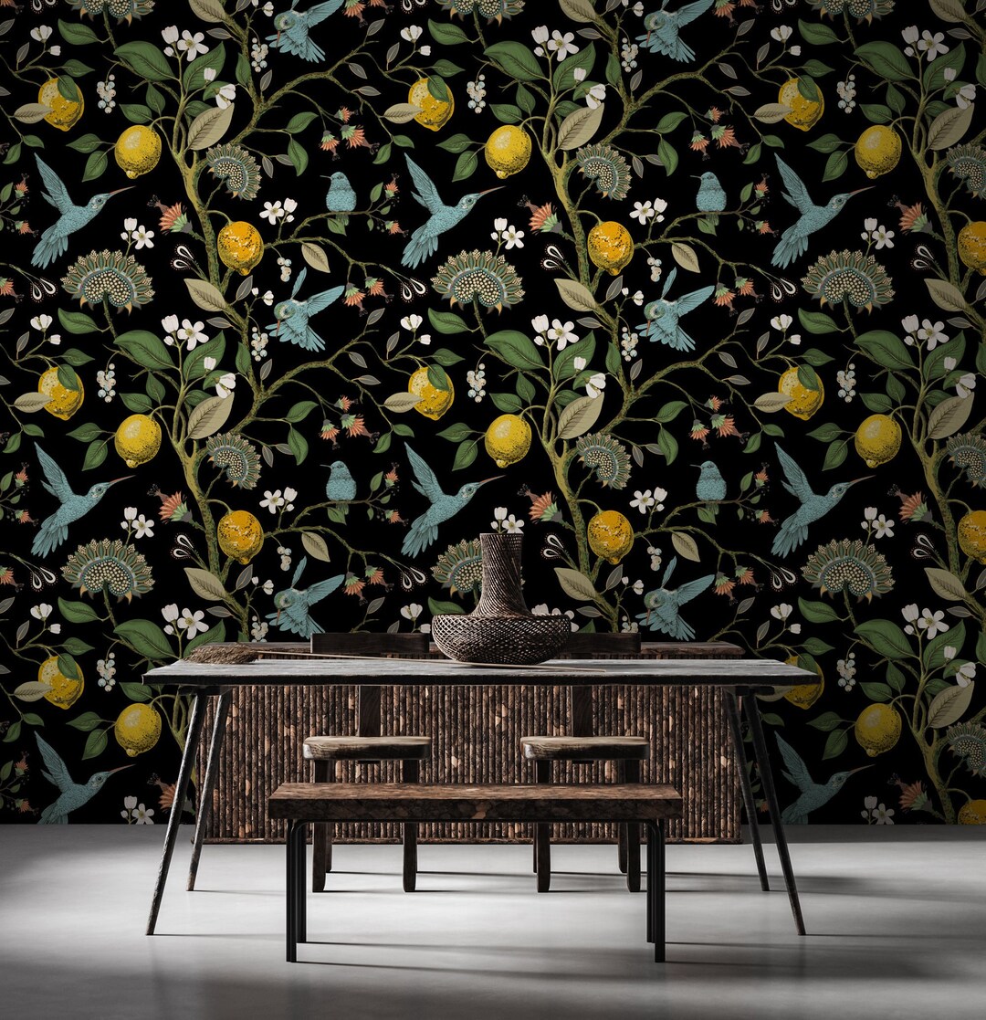 Botanical Wallpaper Peel and Stick | Dark Botanical Wall Mural ...