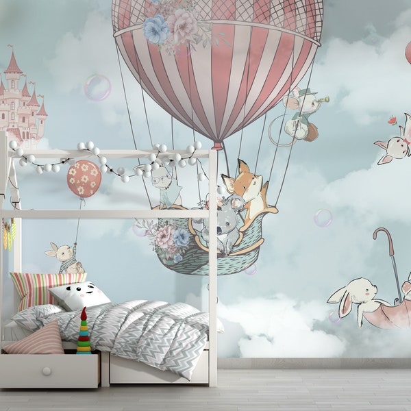 Kids Wallpaper Peel and Stick, Hot Air Balloon Nursery Wallpaper, Kids Room Wallpaper