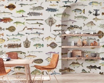Fish Wallpaper Peel and Stick | Vintage Fish Wall Mural | Removable Wallpaper | Vintage Room Decor