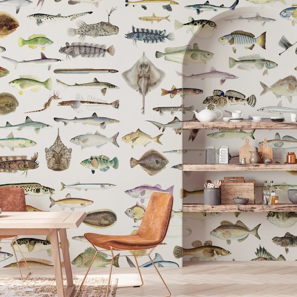 Fischtapete zum Abziehen und Aufkleben | Wandbild mit Vintage-Fischen | Abnehmbare Tapete | Raumdekor im Vintage-Stil