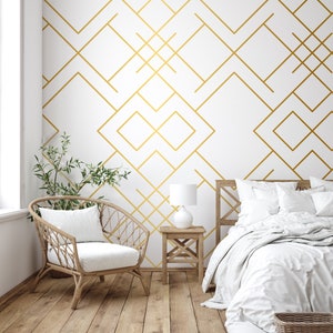 Art Deco Wallpaper- Matt Gold Geometric Wall Mural- Peel and Stick- Self Adhesive- Art Deco Wall Decor