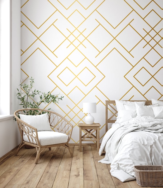 Buy Art Deco Wallpaper White  Gold Geometric Wall Mural Peel Online in  India  Etsy