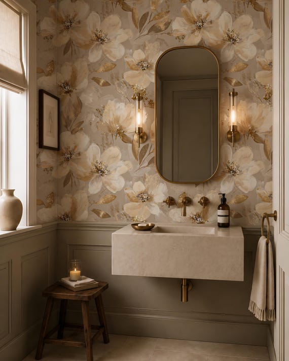 Champagne Gold Floral Wallpaper, Luxury Botanical Wall Mural, Neutral Powder Room Decor Peel & Stick