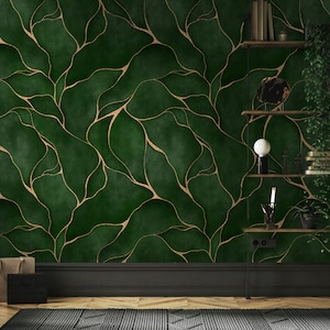 Green Art Deco Wallpaper | Golden Line and Marble Texture Wall Mural | Peel and Stick Wallpaper | Removable Wallpaper