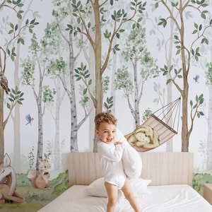 Watercolor Kids Forest Wallpaper Peel and Stick, Woodland Animals Wallpaper, Watercolor Forest Wallpaper, Removable Wallpaper
