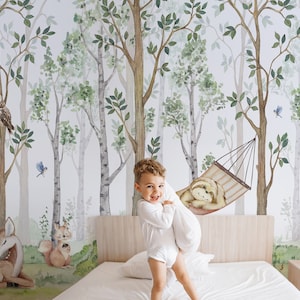 Watercolor Forest Wallpaper for Kids | Woodland Animal Wallpaper | Kids Wallpaper Peel and Stick