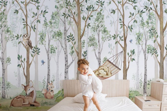 Hand Drawn Watercolor Forest Animals and Plants Peel and Stick Wallpaper  Temporary Wallpaper Self Adhesive Contact Paper Kids Room Wallpaper 