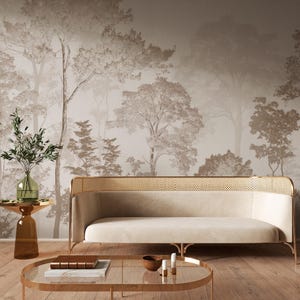 Luxury Neutral Forest Wallpaper | Misty Scenic Wall Mural | Soft Beige Woodland Landscape | Peel & Stick image 8