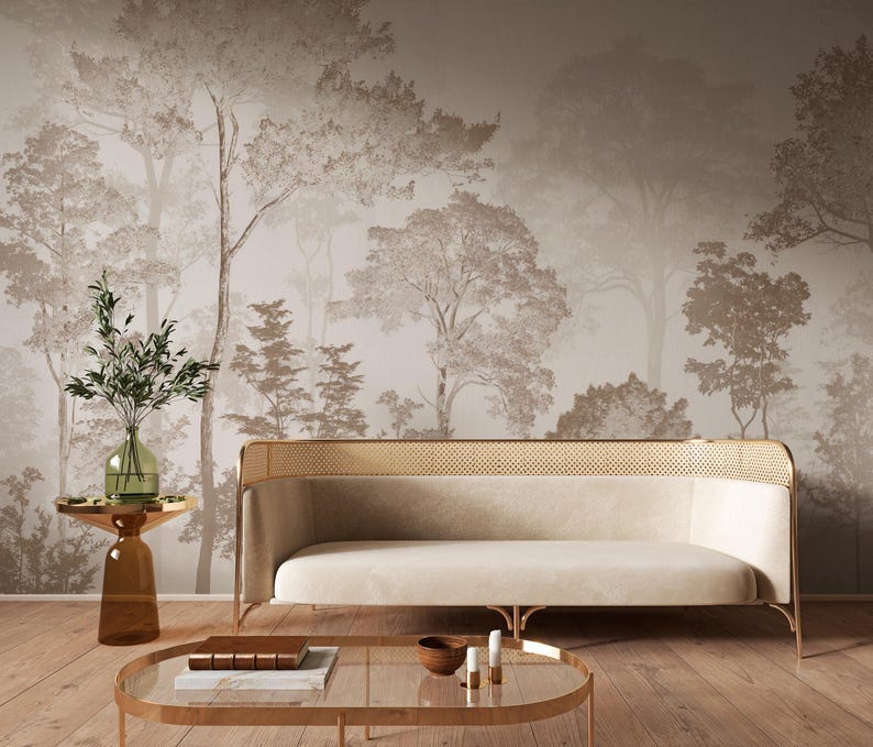 Luxury Neutral Forest Wallpaper | Misty Scenic Wall Mural | Soft Beige Woodland Landscape | Peel & Stick image 8