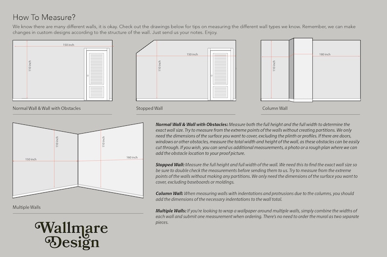 May include: An instructional infographic titled How To Measure? featuring diagrams of various wall types including normal, stopped, column, and multiple walls. The text provides guidance on measuring wall height and width in inches for wallpaper.