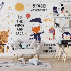 Carta da parati spaziale per bambini, stacca e attacca / Carta da parati astronauta / Carta da parati murale per avventure spaziali
