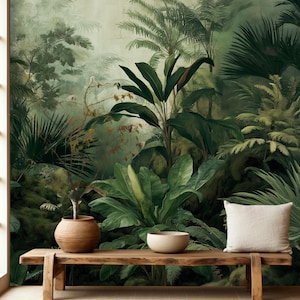 May include: A detailed jungle-themed mural in shades of green, featuring a wooden bench, a ceramic pot, a bowl, and a white cushion. The mural depicts various tropical plants and foliage, creating a vibrant and immersive scene. The bench and accessories add a natural touch.