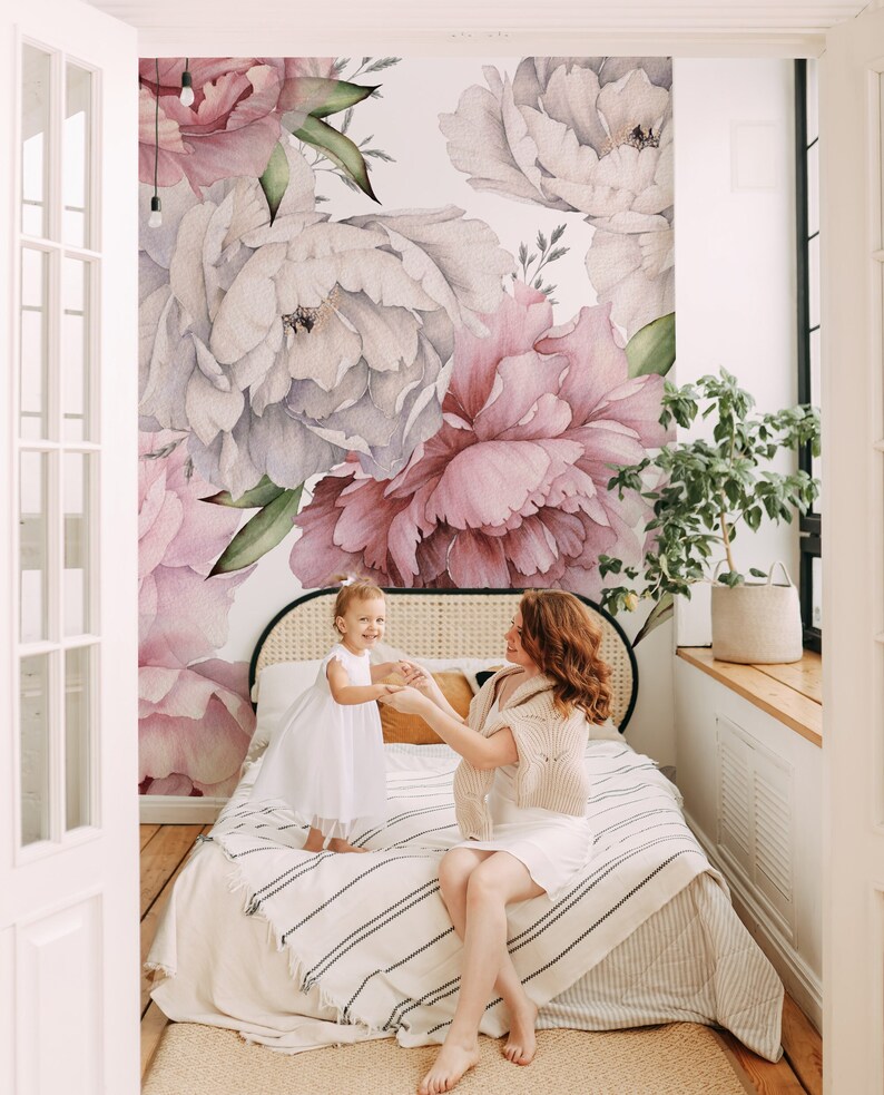 Kids Wallpaper Peel and Stick Nursery Wall Mural Pink Peony Etsy