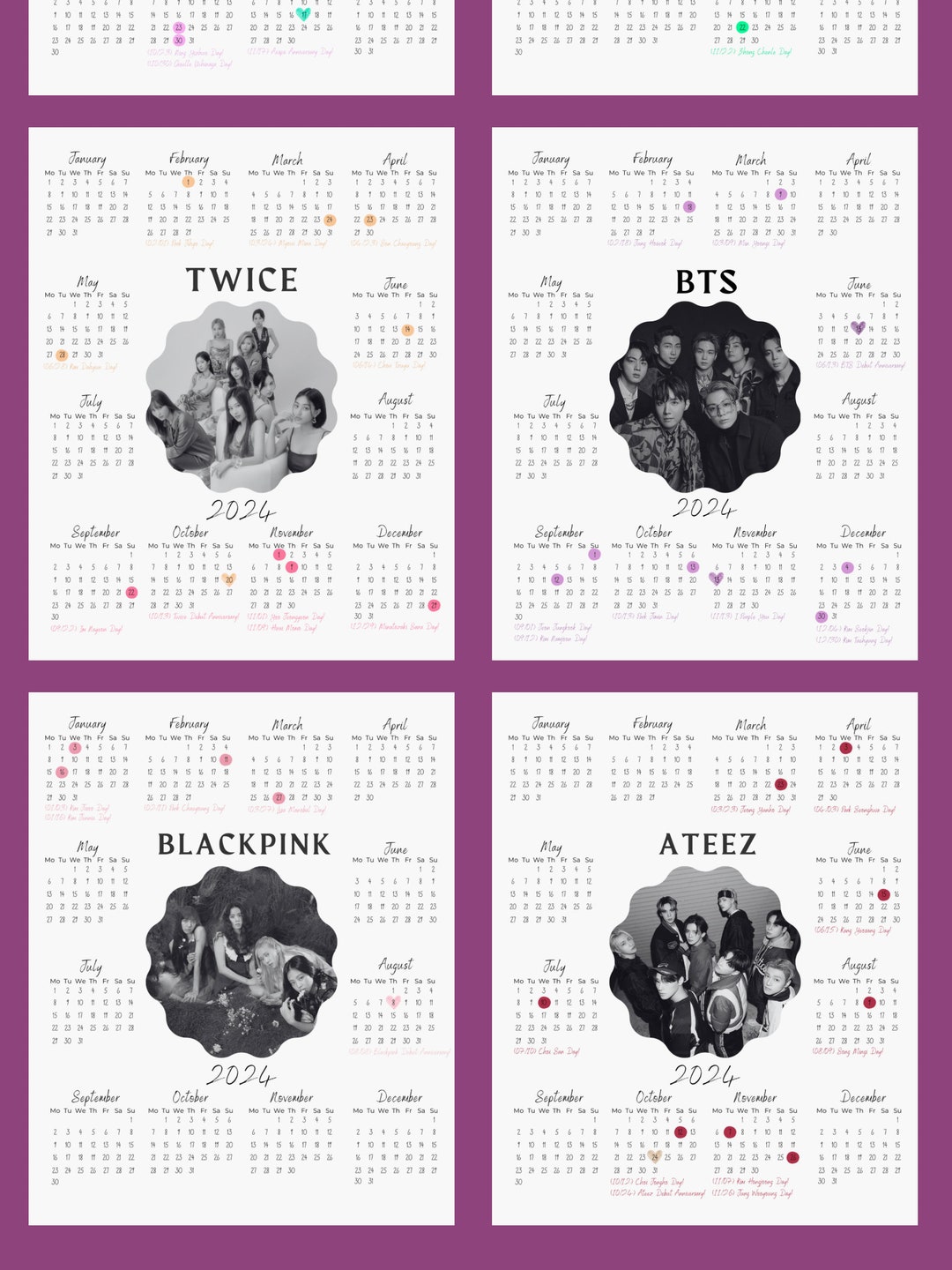 2024 Yearly Kpop Calendar Set a 8x10 Poster Prints Etsy