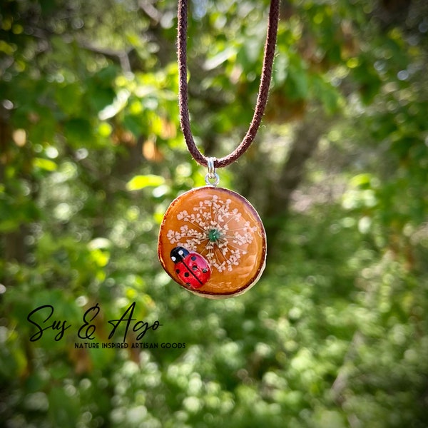 Lucky little lady bug, real pressed flower, birch wood pendant, gift for loved one