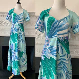 Vintage Late 60s/Early 70s Malihini Hawaii Designers Collection Blue and Green Floral Maxi