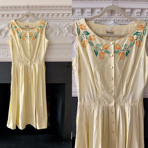Vintage 50s Westmorelands Yellow Embroidered Shirtwaist Dress