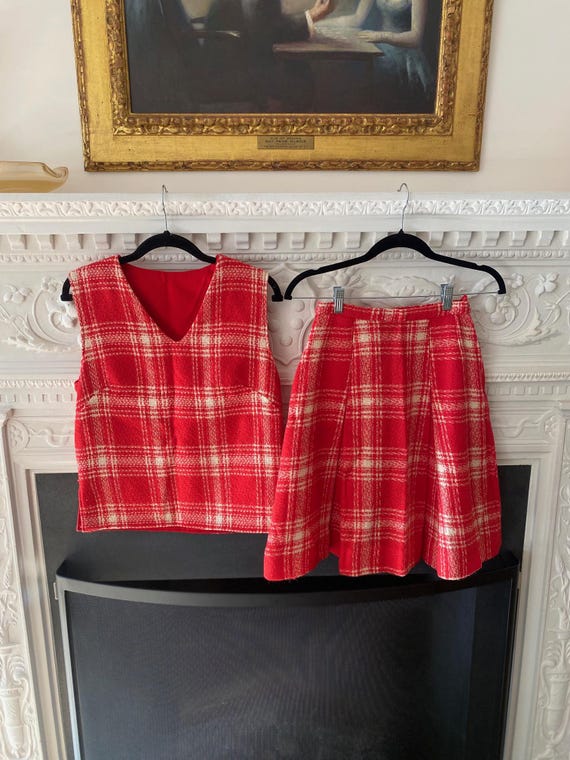 Vintage 1970's Handmade Wool Red and White Plaid … - image 1