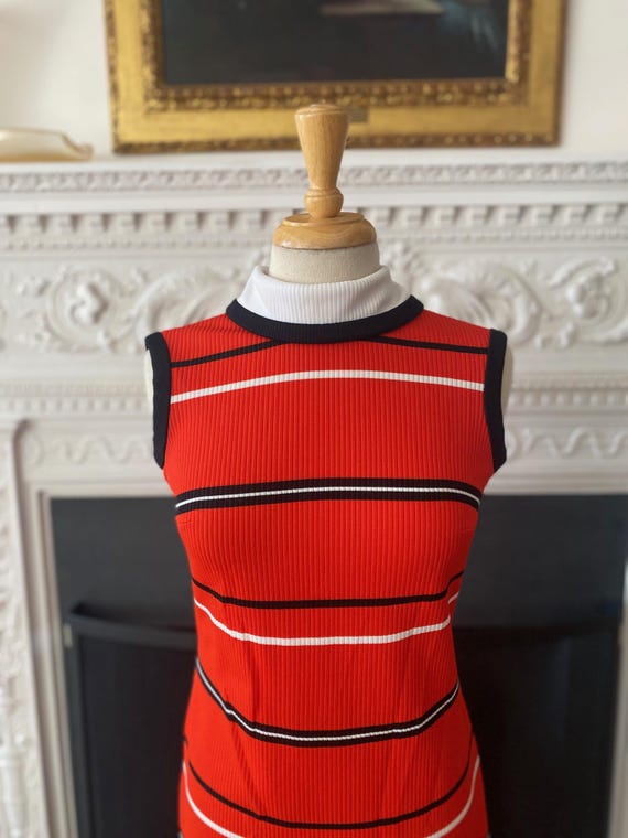 Vintage 1960's/70's Kay Windsor Red, Black & White Stripe Knit Mini Dress