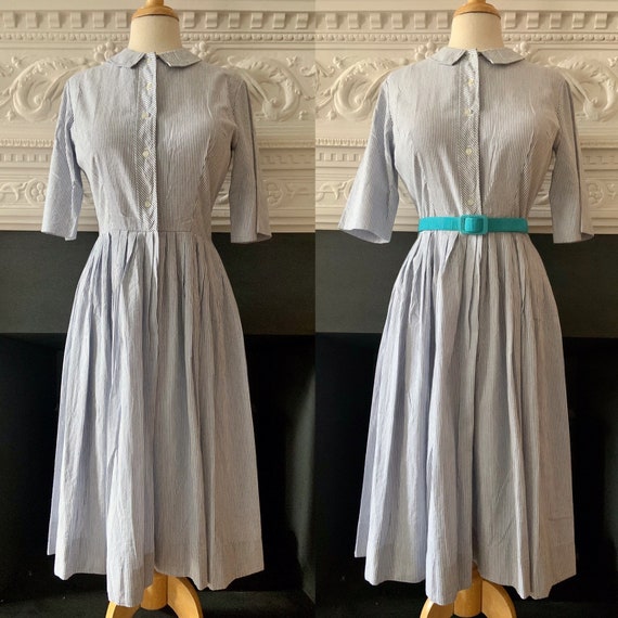 Vintage 50s Post Road Blue and White Striped Shir… - image 1