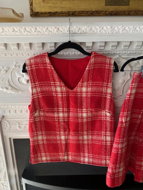 Vintage 1970's Handmade Wool Red and White Plaid … - image 3