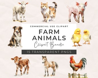 Pode incluir: Um conjunto de 15 ilustrações de aquarela de animais de fazenda, incluindo um cordeiro, um gato, um porco, um cachorro, pintinhos, um bezerro, um cavalo e um galo. As ilustrações estão sobre um fundo branco com o texto "COMMERCIAL USE CLIPART FARM ANIMALS Clipart Bundle 15 TRANSPARENT PNGS".