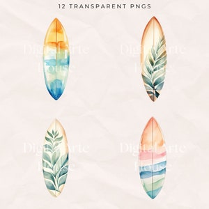 May include: Four watercolor illustrations of surfboards with different designs. The surfboards are painted in shades of blue, green, yellow, orange, and pink. Each surfboard has a unique design, including a tropical leaf, a sunset, and a striped pattern.