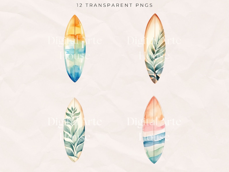May include: Four watercolor illustrations of surfboards with different designs. The surfboards are painted in shades of blue, green, yellow, orange, and pink. Each surfboard has a unique design, including a tropical leaf, a sunset, and a striped pattern.