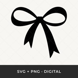 Puede incluir: Ilustración de un lazo negro con un diseño clásico. El lazo tiene dos bucles y dos colas largas y puntiagudas. La imagen incluye el texto "SVG + PNG • DIGITAL" en la parte inferior.