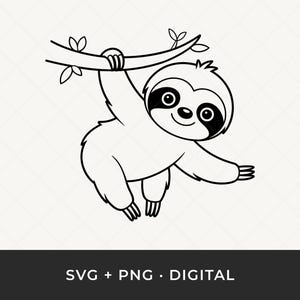 Peut inclure: Un paresseux de dessin animé en noir et blanc suspendu à une branche d'arbre. Le paresseux a un visage souriant avec de grands yeux et tend un bras. L'image comprend le texte "SVG + PNG • DIGITAL" en bas.