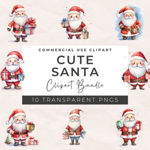 Aquarelle mignon père Noël Clipart - père Noël, père Noël mignon, téléchargement numérique, fichiers par sublimation, pack Noël Kawaii