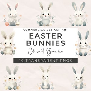 Clipart de conejito de Pascua lindo en acuarela - Paquete de clipart de Pascua, clipart de conejitos, huevos de Pascua, flores de Pascua, álbum de recortes, uso comercial gratuito