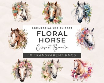 Watercolor Floral Horse Clipart: Transparent PNG Bundle (Digital Png)