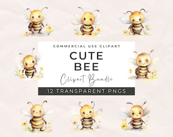 Watercolor Bee Clipart Bundle, Kawaii PNG Graphics, Commercial Use (Digital Download
