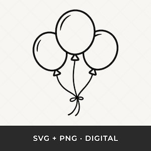May include: A black and white line drawing of three balloons tied together with a bow. The balloons are oval-shaped and have a simple, clean design. The image includes the text "SVG + PNG • DIGITAL" at the bottom.