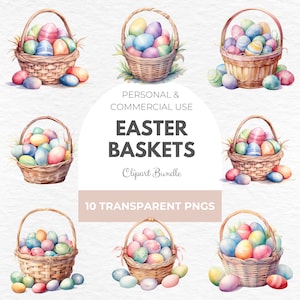 Pacote de clipart de cesta de Páscoa em aquarela - clipart de cesta de ovos, conjunto de clipart de Páscoa, ovos em aquarela PNG, gráficos de cesta, gráficos fofos
