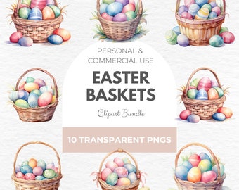 May include: Ten watercolor illustrations of Easter baskets filled with colorful eggs. The baskets are woven and have a rustic look. The eggs are painted in various shades of pink, blue, yellow, and green. The illustrations are perfect for creating Easter-themed crafts, cards, and decorations.