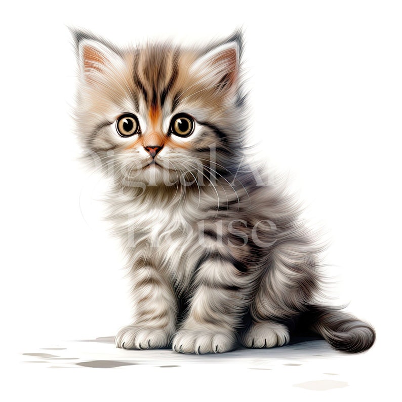 May include: A fluffy, gray and brown tabby kitten with big, round eyes sits on a white background. The kitten has a white patch on its chest and a long, bushy tail.
