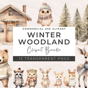 Clipart de animais da floresta em aquarela - clipart de inverno, download digital, paisagens de inverno, Natal da floresta, clipart de Natal