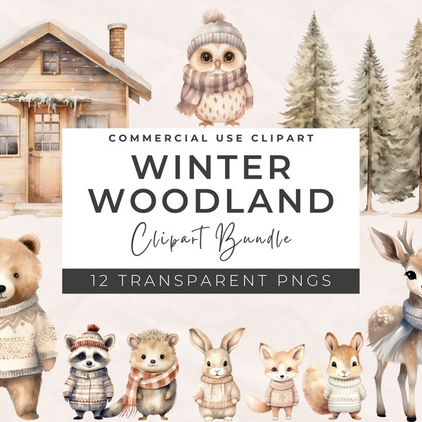Watercolor Woodland Animal Clipart - Winter Clipart, Digital Download, Winter Landscapes, Woodland Christmas, Christmas Clipart