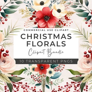 Clipart floral de Natal - buquê de Natal, convites de casamento de inverno, clipart de férias em aquarela, vegetação de inverno, uso comercial
