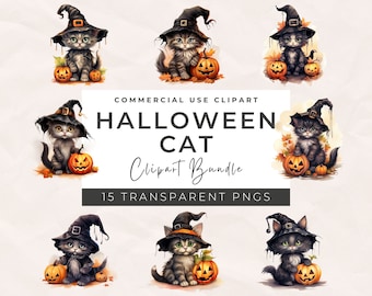 Watercolor Halloween Cat Clipart: Witch Cat Graphics (PNG Digital Download)