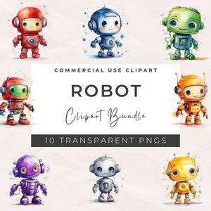 Cute Robot Watercolor Clip Art - Commercial Use, Transparent PNGs, Childrens Printables, Graphics and Illustrations for Party Invitations
