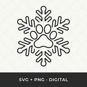 May include: Black and white snowflake design with a paw print in the center. The snowflake has six points with rounded edges. The image includes the text "SVG + PNG • DIGITAL" at the bottom.