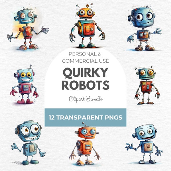 Quirky Robots Clipart Bundle - Babyshower, Playful Clipart, Educational Clipart, Funny Mechanical, Whimsical Elements, Robot Graphics