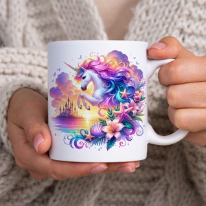 Regenbogen Einhorn Becherverpackung, 11 Unzen und 15 Unzen Bechervorlage, Einhornschloss Becher Sublimationsdesign, Becherverpackungsvorlage, sofortiger digitaler Download PNG